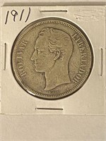 1911 Venezuela 1 Bolivar Silver