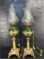 ANTIQUE GREEN CONVERTED OIL LAMPS MARBLE BASE