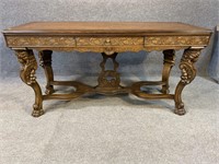 FIGURAL CARVED WALNUT DRAW LEAF LIBRARY TABLE