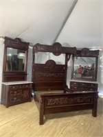 MAHOGANY MARBLE TOP CARVED BEDROOM SUITE