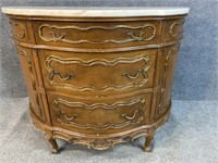 FRENCH CARVED MARBLE TOP DEMILUME CHEST