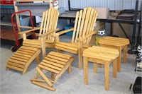 PAIR OF ADIRONDACK CHAIRS WITH STOOLS & SIDE TABLE