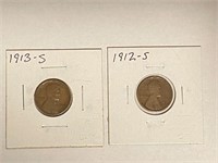 (2) Lincoln Wheat Cent 1912-S, 1913-S