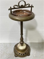 Antique brass smoking stand w/ pink glass ashtray