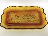 The Last Supper vintage amber art glass tray