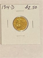 1914-D $2.50 Gold Indian AU Cleaned