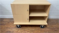 Storage cabinet with cubbies and doors on wheels.