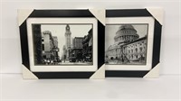 Two black and white city scape prints of the US