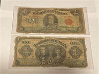 (2) Canada $1 Bank Notes 1911, 1923 Large Size