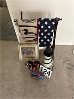 Quilt rack, flag, lighthouse and KU memorabilia