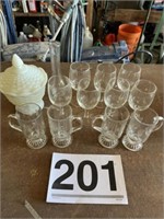 Etched wine glasses and mugs, vase and