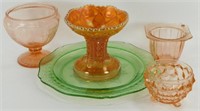 * 5 Pieces of Depression Glass - Green, Pink &
