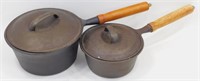 * 2 Cast Iron Pots with Wooden Handles and Lids