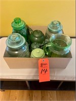 Box lot green glass jars, pitcher, tea pot