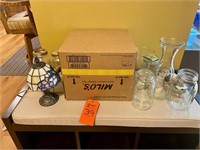 Box lot jars, lamp & vases