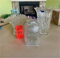 Box lot cut glass vases & jar