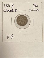 1853 3 Cent Silver Closed 5, VG