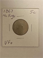 1867 Shield Nickel No Rays VF+