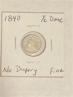 1840 Half Dime No Drapery Fine, Cleaned