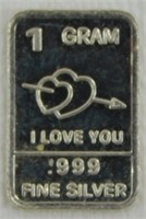 Silver Bar "I Love You": 1 gram - .999 Fine