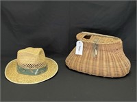 Wicker Fishing Creel w/ Antler Latch & Straw Hat