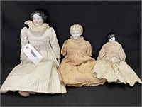 3 Early Porcelain Dolls w/ Victorian Dresses