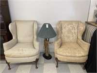 Pair of Upholstered Wing Back Chairs & Lamp