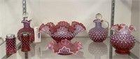 7 Pieces of Cranberry Hobnail Glassware
