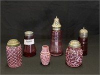 6 Victorian Cranberry Glass Shakers