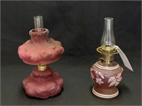 2 Miniature Victorian Cranberry Oil Lamps