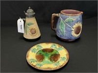 Majolica Pitcher, Syrup and Plate