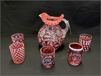 Victorian Cranberry Water Pitcher with 5 Glasses