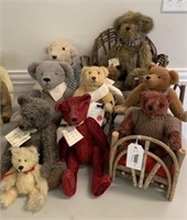 9 Quality Jointed Teddy Bears & Rustic Furniture