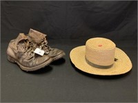 Leather Logging Boots & Straw Hat