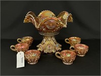 Carnival Glass Punch Bowl with 6 Cups