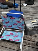 beach chair, cooler, tacklebox & contents