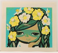 Girl with Yellow Flowers Woodblock Print