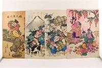 4 Ebisu and Daikoku Lucky Gods Woodblock Prints