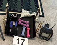 Weights, log holder, small tv, weighted pillow,