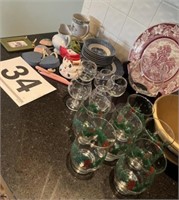 Assortment of glasses, plates, 1 chipped, bowl -