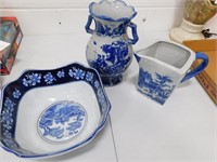Lot of Blue and White Ceramic Items incl Bowl, Vas