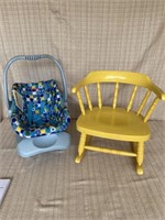 Doll Car Seat and Small Yellow Rocking Chair