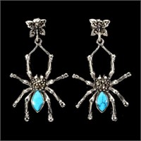 Blue Turquoise Marcasite 925Silver Spider Earrings