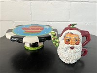 Christmas cake plate and Santa teapot and cup