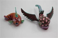 2 Artist Signed Oaxacan Wood Carved Small Fish