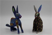 2 Artist-Signed Oaxacan Wood Carved Rabbits