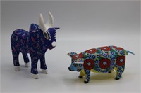 2 Artist-Signed Oaxacan Wood Carved Bull & Pig