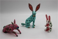 3 Signed Oaxacan Wood Carved Rabbits & Jackalope