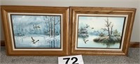 Set of 2 oil on canvas paintings - Ducks on a Pond