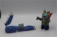 2 Artist Signed Calvo Oaxacan Wood Carved Cats